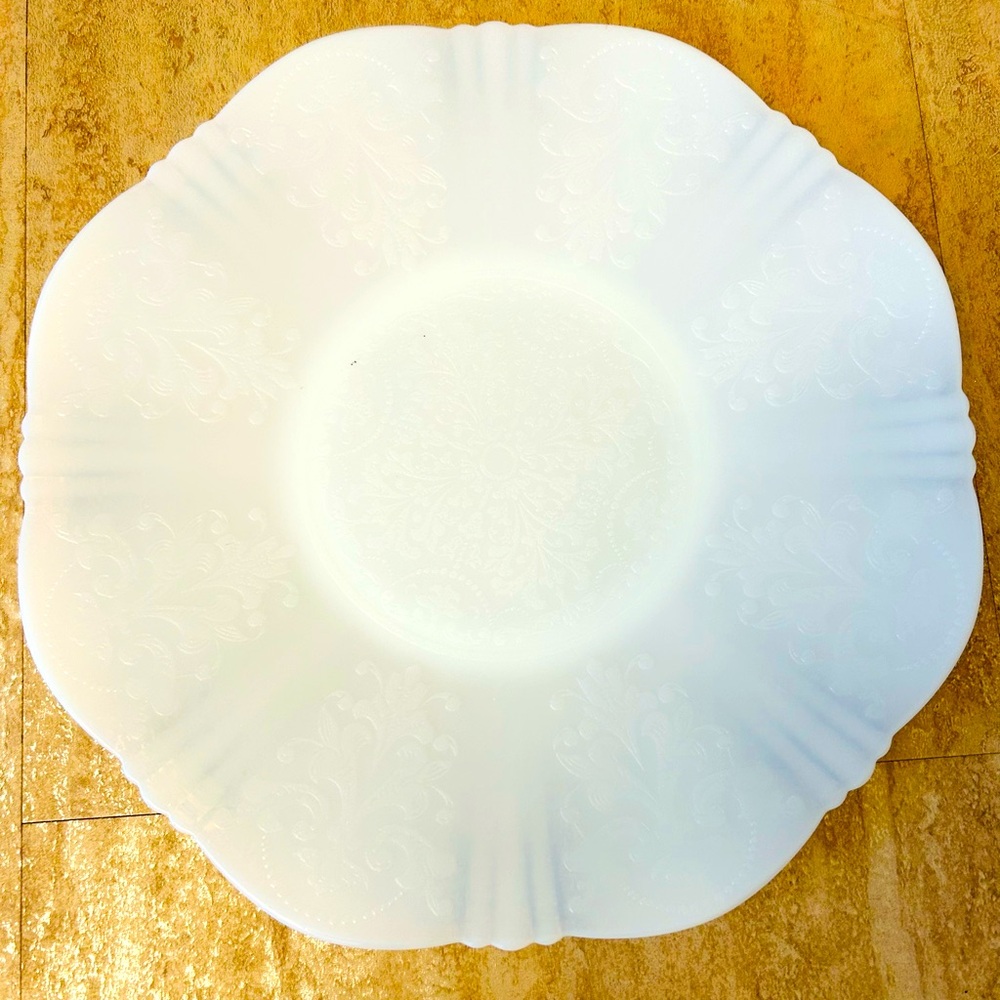 Plate Vintage Milk Glass Etched Design plate 11 1/2”